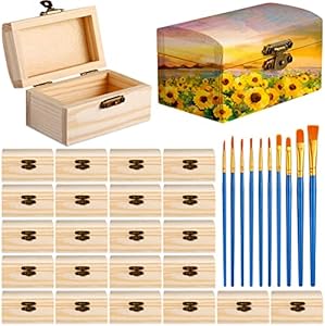 Chumia Unfinished Wood Treasure Chest with 10 Paintbrushes, Small Treasure Box Wooden Craft Boxes with Locking Clasp Wooden Storage Box for DIY Party Favor Jewelry Box, 3.5 x 2.2 x 1.8 Inch (6 Pcs) Chumia