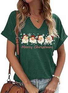 Merry Christmas Shirts for Women Santa Holiday Graphic Tshirt Xmas Tree Vintage Family Outfits AMWIPE