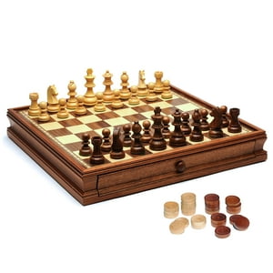 French Staunton Chess & Checkers Set - Weighted Pieces, Brown & Natural Wooden Board with Storage Drawers - 15 in. WE Games