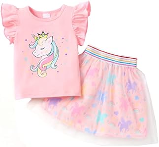 RETSUGO Girls Tulle Skirt Set Two Piece Ruffle Sleeve Unicorn T-Shirt Tutu Dress Summer Birthday Party Outfit 2-10 Years Retsugo