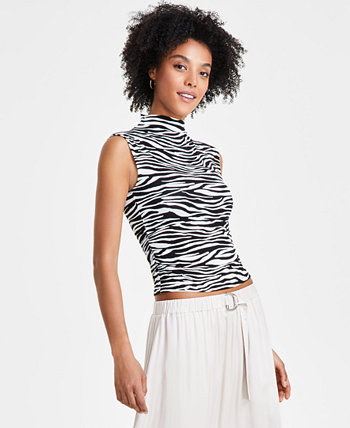 Women's Zebra-Print Mock-Neck Cropped Top, Created for Macy's Bar III