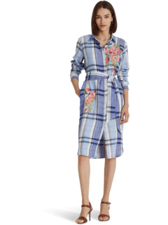 Миниатюрное льняное платье-рубашка в клетку и цветочный принт Ralph Lauren