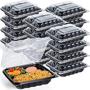 YANGRUI To Go Containers, Reusable 65 Pack 7.8 Inch BPA Free Black Clamshell Food Containers 30 oz Shrink Wrap 3 Compartment Freezer and Microwave Safe MFPP Take Out Containers YANGRUI