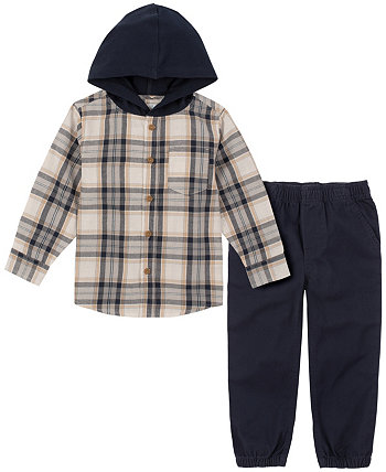 Toddler Boys Jersey Hooded Long Sleeves Twill Button-Down Shirt and Twill Joggers, 2 Piece Set Kids Headquarters