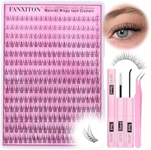 FANXITON DIY Lash Extension Kit Fluffy Lash Clusters 288 pcs Thick Lash Clusters Kit D Curl 10-18 mm Cluster Eyelash Extension Kit with Lash Bond and Seal Lash Tweezers Individual Lashes For Beginners FANXITON