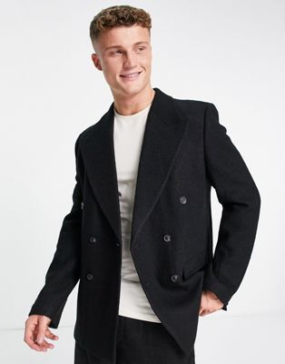 Черный двубортный узкий пиджак тедди из смесовой шерсти на четырех пуговицах Topman TOPMAN