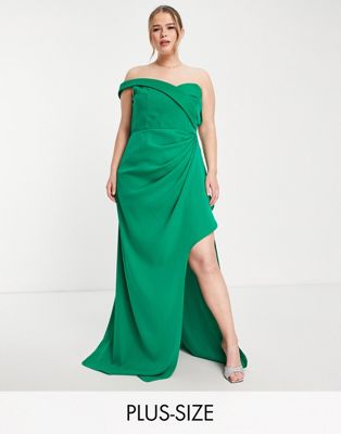 Зеленое платье макси с драпировкой на одно плечо Yaura Plus Yaura