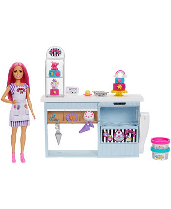 Игровой набор для кукольной пекарни с розоволосой миниатюрной куклой, пекарской станцией Barbie