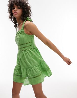 Зеленое пляжное платье мини с вышивкой и завязками Topshop TOPSHOP