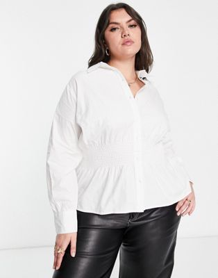 Only Curve smock shirt with shirred detail in white Only Curve