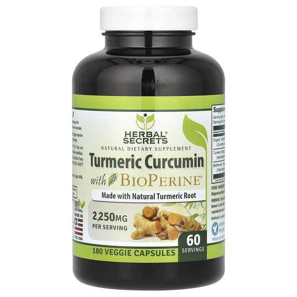 Куркума Куркумин с BioPerine, 180 растительных капсул Herbal Secrets