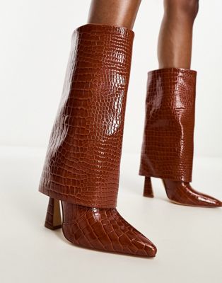 Светло-коричневые ботильоны на каблуке с складками Simmi London Rayan из лакированной кожи крокодила SIMMI Shoes