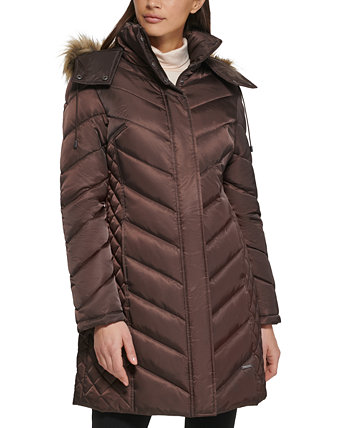Женское пуховое пальто с капюшоном и отделкой из искусственного меха Kenneth Cole
