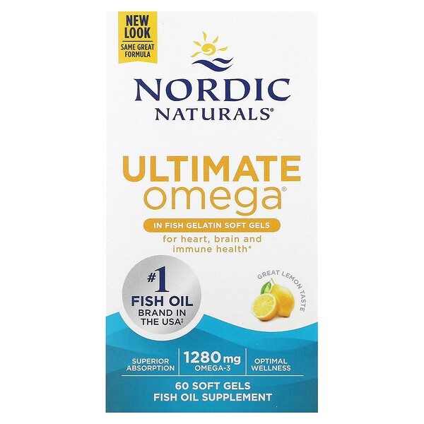 Ultimate Omega, Лимон, 1280 мг, 60 мягких капсул из рыбного желатина (640 мг в мягкой капсуле) Nordic Naturals