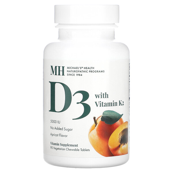 D3 с витамином К2, абрикос, 90 вегетарианских жевательных таблеток Michael's Naturopathic