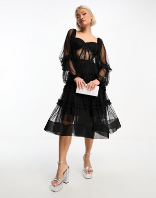Черное платье миди из тюля Lace & Beads с корсетом LACE & BEADS