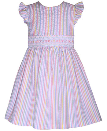 Little Girls Smocked Insert Striped Seersucker Dress Bonnie Jean