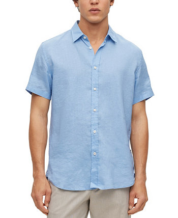Приталенная мужская рубашка с короткими рукавами BOSS из эластичного льна шамбре BOSS