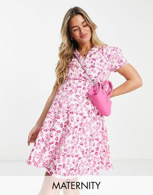 Glamorous Bloom v-neck mini tea dress with tie waist in pink floral Glamorous Bloom