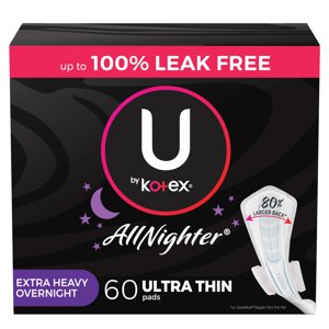 U by Kotex AllNighter Extra Heavy Overnight Pads with Wings, Ultra Thin, 60 Count (3 packs of 20) Kotex