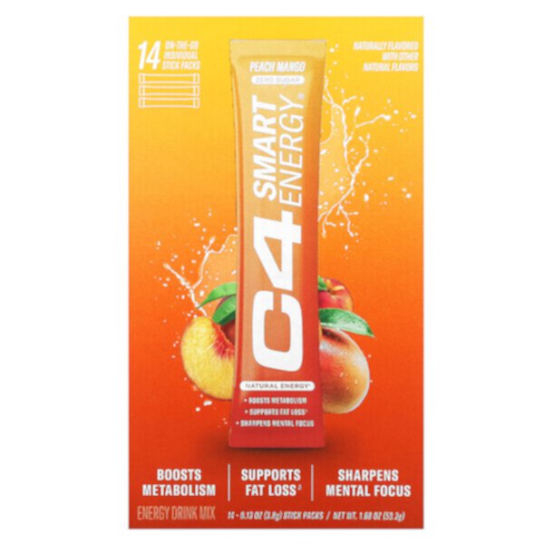 C4 Smart Energy Drink Mix, персик и манго, 14 палочек по 0,13 унции (3,8 г) каждая Cellucor