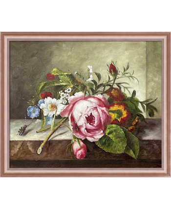 Художественный спрей цветов с жуком на каменной балюстраде с классической настенной росписью в рамке в оттенках розового золота, 27 "x 23" La Pastiche