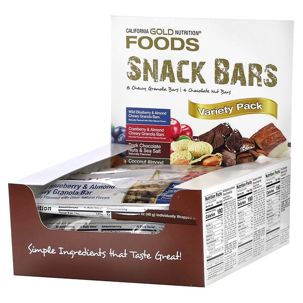 FOODS, Разнообразные батончики в упаковке, 12 батончиков, 1,4 унции (40 г) каждый California Gold Nutrition