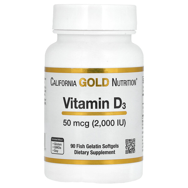 Витамин D3, 50 мкг (2000 МЕ) - 90 рыбных желатиновых мягких капсул - California Gold Nutrition California Gold Nutrition