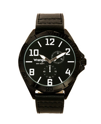 Мужские часы, черный корпус 48 мм IP, черный циферблат с солнечными лучами, белые арабские маркеры, прочный черный ремешок с черной строчкой, многофункциональные часы Wrangler