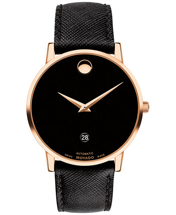 Мужские часы Swiss Automatic Museum с черным ремешком из телячьей кожи 40 мм Movado