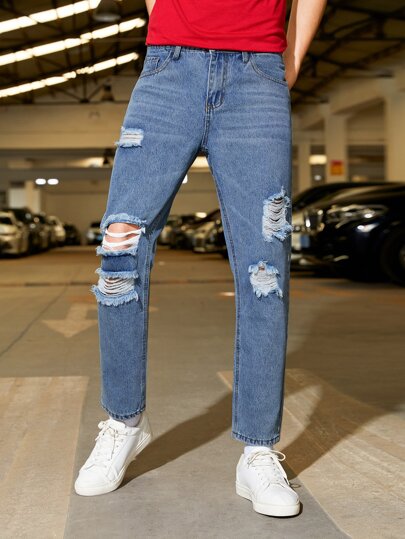 Мужской Зауженные джинсы рваный обтрепанный край с карманом SHEIN
