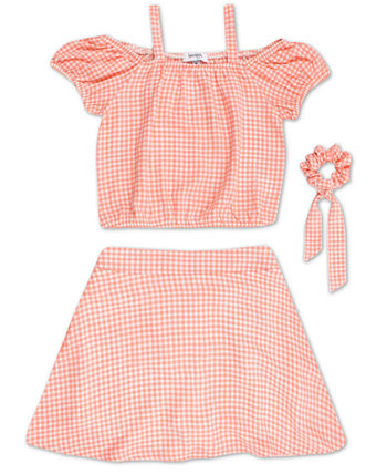 Big Girls Gingham Plaid Scooter Top with Skirt and Scrunchie, 3-Piece Set Speechless