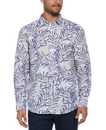 Мужская льняная рубашка с длинным рукавом и пуговицами спереди с принтом листьев Cubavera
