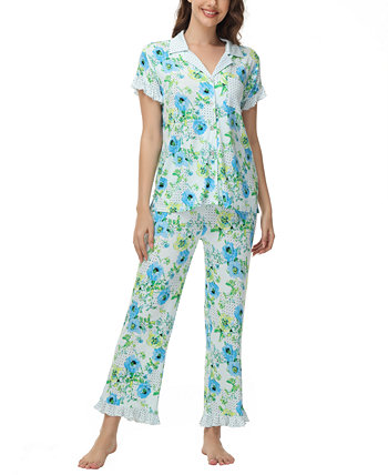Women's Printed Notch Collar Short Sleeve with Ruffle and Pants 2 Pc. Pajama Set C. Wonder