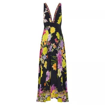 Шелковое платье макси с V-образным вырезом и цветочным принтом Camilla