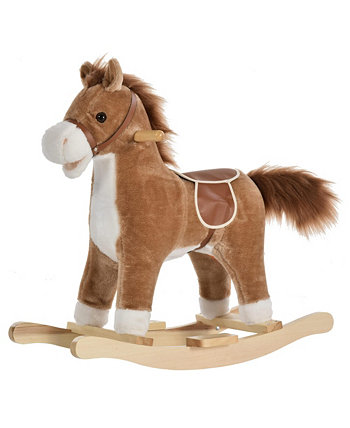 Rocking Horse Plush Animal on Wooden Rockers with Sounds, Wooden Base, Baby Rocking Chair for 36-72 Months, Brown Qaba