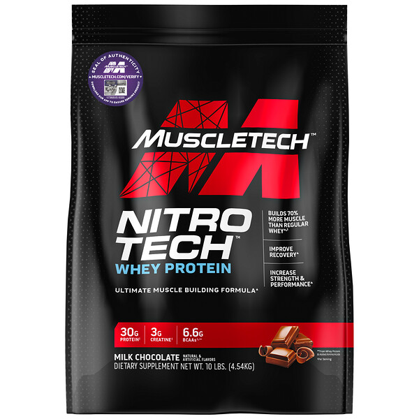 Nitro Tech, Сывороточные пептиды и изолят для наращивания мышечной массы, молочный шоколад, 10 фунтов (4,54 кг) Muscletech