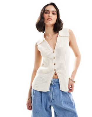 ASOS DESIGN rib knit vest with collar detail in cream ASOS DESIGN