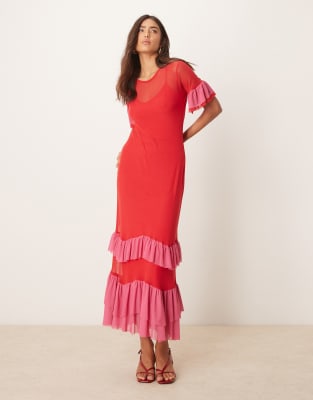 Never Fully Dressed Valentines mesh ruffle maxi dress in red and pink Never Fully Dressed