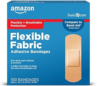 Amazon Basic Care Flexible Fabric Adhesive Bandages, First Aid and Wound Care Supplies, All-One Size, 100 Count Amazon Basic Care