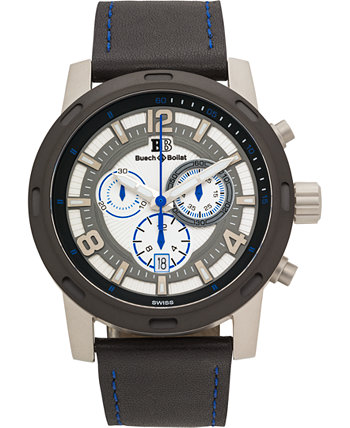 Мужские часы с хронографом Baracchi, черный кожаный ремешок, синяя строчка, белый / серый циферблат, серебряный корпус, 46 мм Buech & Boilat