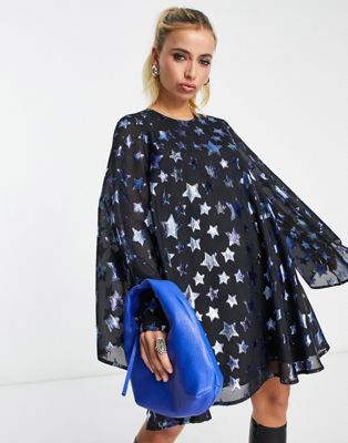Twisted Wunder retro bell sleeve mini swing dress in blue star print Twisted Wunder