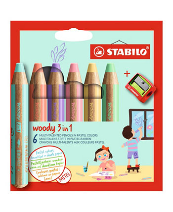 Woody 3 в 1 с точилкой, набор из 7 цветных пастелей Stabilo