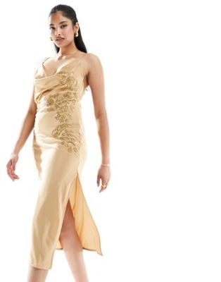 Золотое атласное платье макси со шнуровкой на спине Starlet Starlet