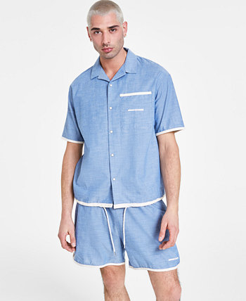 Men's Regular-Fit Button-Down Drawstring Camp Shirt Armani