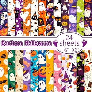 24 Sheets Halloween Pattern Scrapbook Paper Pads, 6x6in 24 Designs Cute Styled Ghost Boo Pumpkin Bats Witch Cat Candy Patterns Art Craft Paper for Trick & Treat Card Making Origami DIY Welpurch