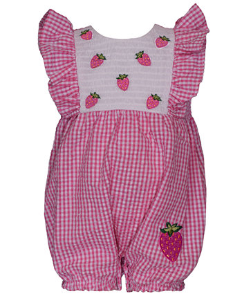 Baby Girls Sleeveless Seersucker Check Bubble with Strawberry Applique Bonnie Baby