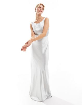 Six Stories Bridesmaids cowl back satin maxi dress in silver Six Stories