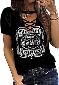 Cowboy Whiskey Criss-Cross Hollow Out T-Shirt Women Western Country Music Shirt Vintage Cowgril Short Sleeve Tops Zifota