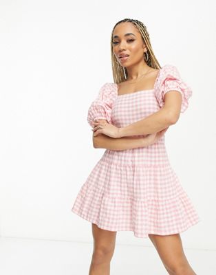 Influence square neck puff sleeve beach dress in pink gingham Influence